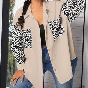 SHEIN Beige Button-Front Shacket with Black & White Leopard Panels